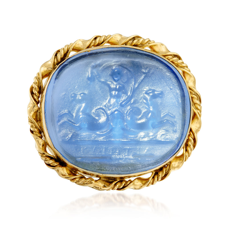 18kt gold over sterling ring with oval blue Venetian glass bezel, rope border