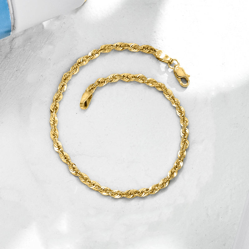 14kt yellow gold rope-chain bracelet with lobster clasp, twisted 2.6mm links