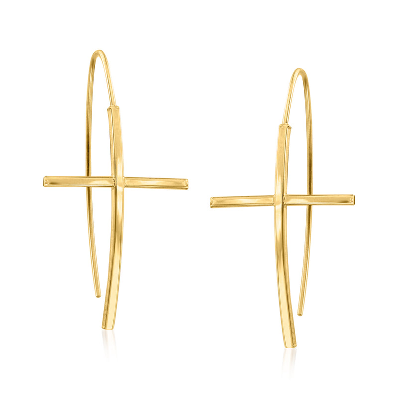 Yellow gold cross drop earrings with bar cross, long earwire hoops