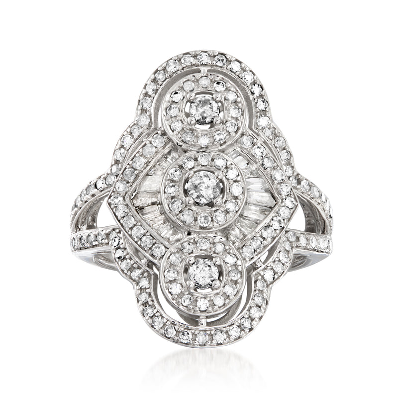 14kt white gold vintage-style diamond ring with three oval halo clusters