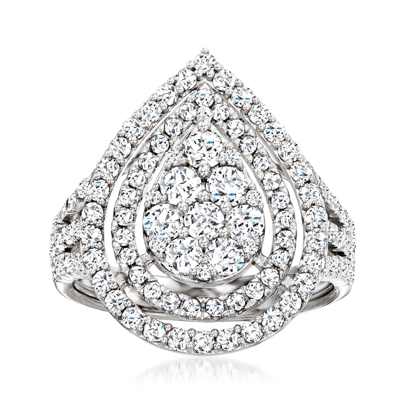 Diamond teardrop ring in 14kt white gold with pavé and cluster setting