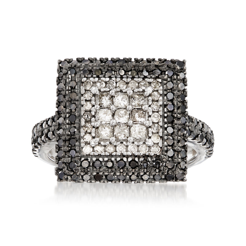 14kt white gold square pave diamond ring with black and white stones