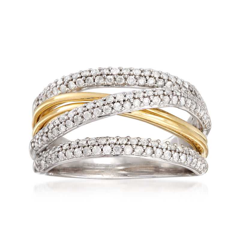Diamond highway ring with sterling silver pave and 14kt yellow gold curved bands
