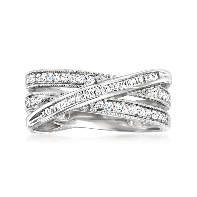 Sterling silver diamond crisscross ring with round and baguette stones