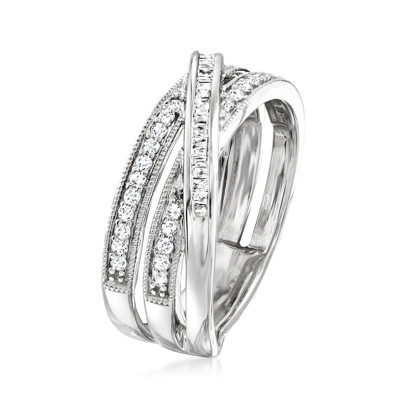 Sterling silver diamond crisscross ring, side view with prong-set stones