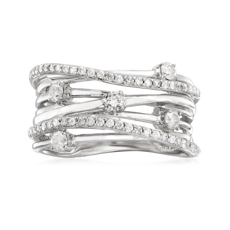 Sterling silver diamond highway ring with crisscross bands and round stone accents