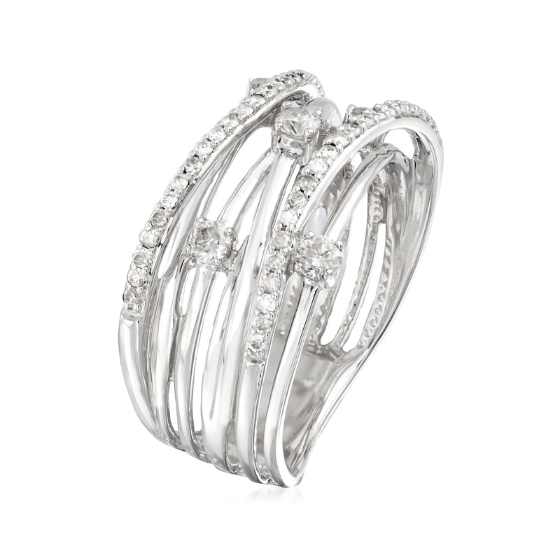 Sterling silver diamond highway ring with raised stone rows on curved multi-band design