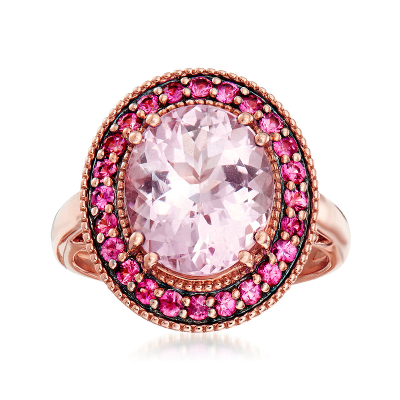 18k rose gold morganite ring with oval pink stone and pink sapphire halo