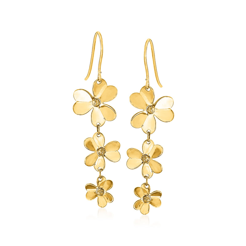 14kt yellow gold floral drop earrings with four dangling flower charms on earwire