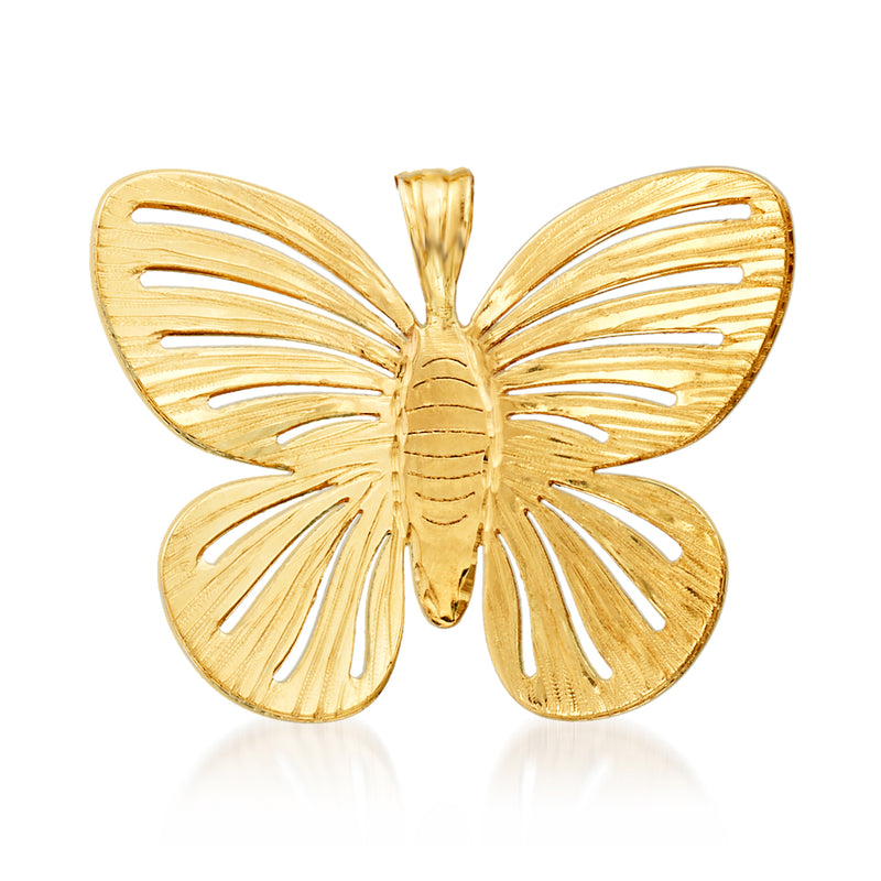 14kt yellow gold butterfly pendant with textured wings and central body, open bail
