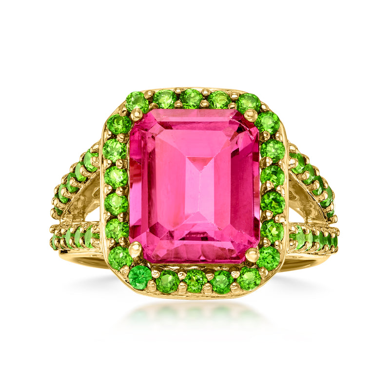 Gold-tone ring with large pink square-cut gemstone and green chrome diopside accents