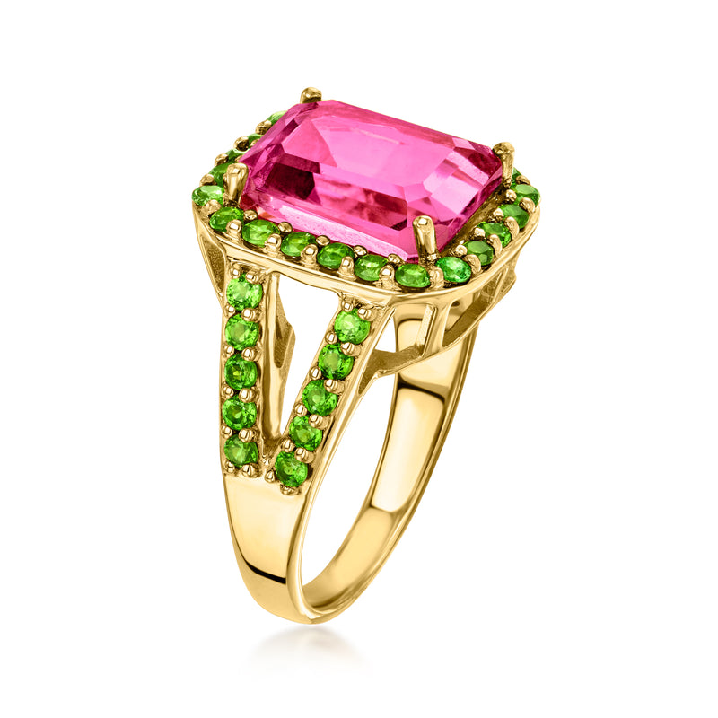 Gold-tone ring with pink square-cut center stone and green side stone halo