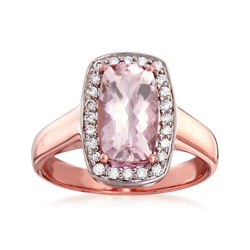 14kt rose gold ring with oval pink morganite and diamond halo and band
