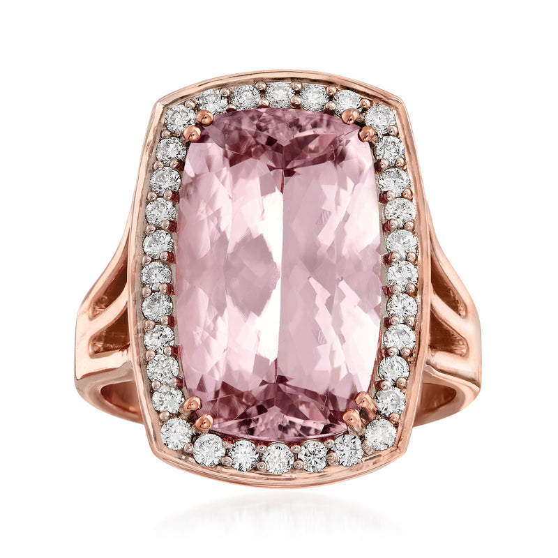 Rose gold morganite cushion-cut ring with diamond halo and prong-set center stone