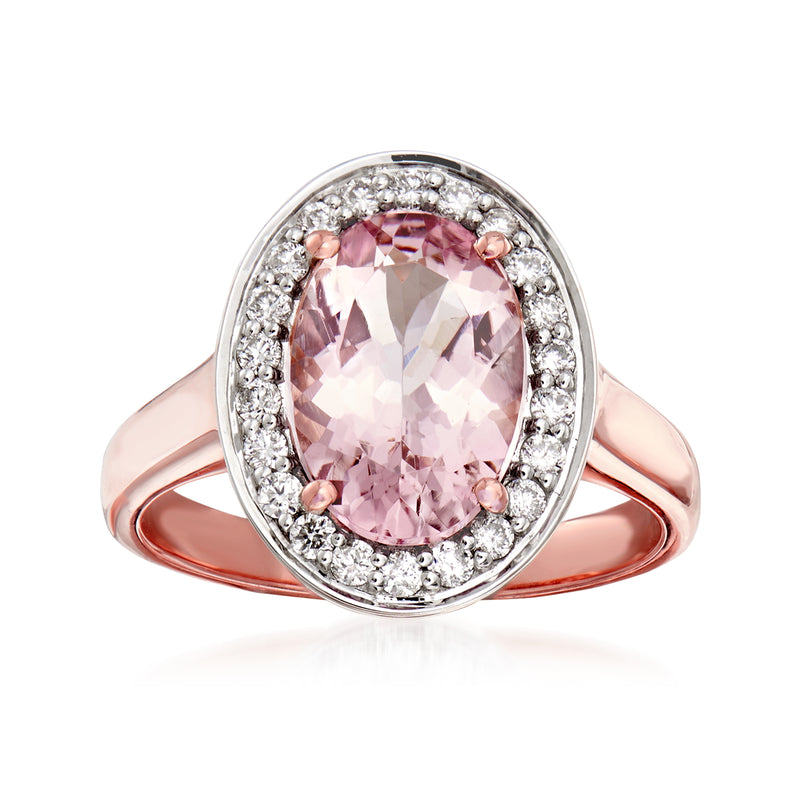 Rose gold halo ring with oval pink morganite center and small diamond accents