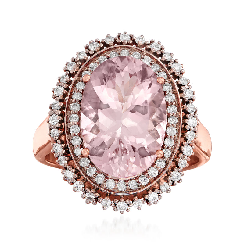14kt rose gold morganite ring with oval pink stone and diamond halo, detailed prongs