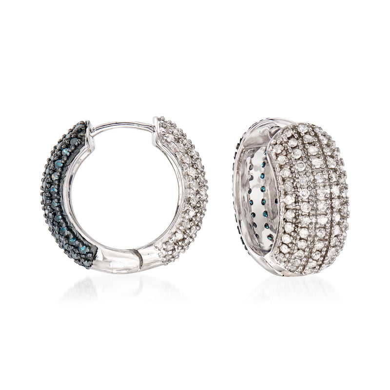 Sterling silver reversible hoop earrings with white and blue diamonds
