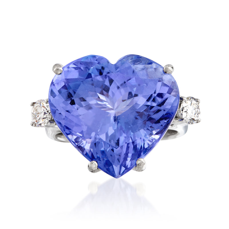 18kt white gold ring with heart-cut blue tanzanite center and diamond side accents