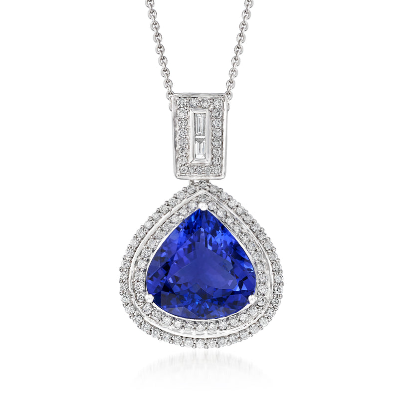 18kt white gold pendant necklace with blue pear tanzanite and diamond halo teardrop