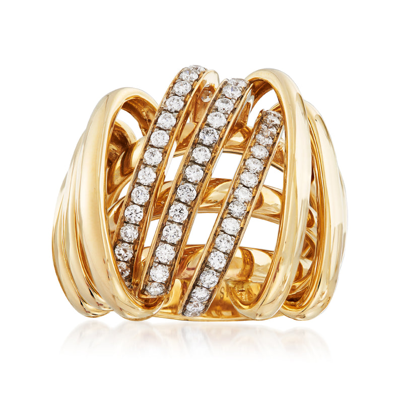 14kt yellow gold diamond multi-line ring with three rounded rows of small stones