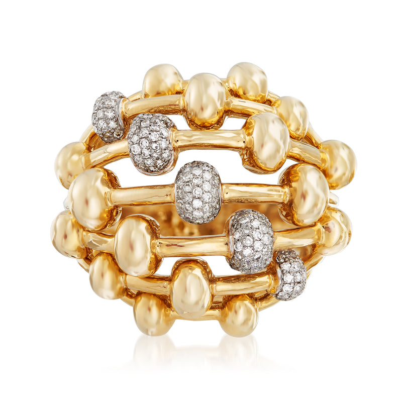 14kt yellow gold diamond beaded dome ring with raised diamond bezel accents