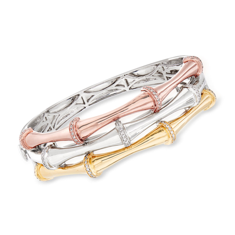 Three-row diamond bangle bracelet in tri-colored 14kt gold with hinged clasp