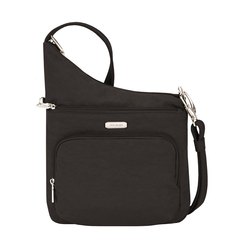 Anti-theft black crossbody bag with front zip pocket and adjustable shoulder strap