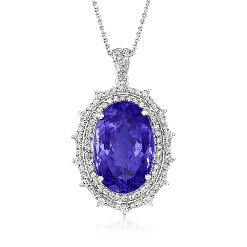 18kt white gold oval tanzanite pendant with diamond halo on a chain