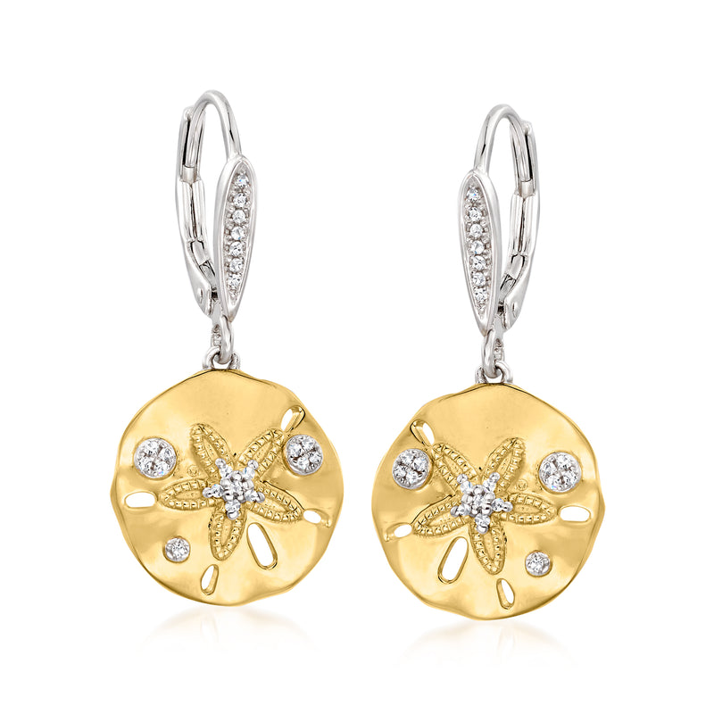 Gold over sterling silver sand dollar drop earrings with diamond accents, leverback hooks
