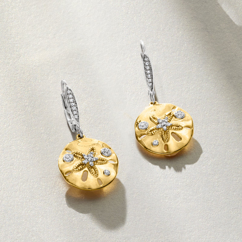 Sand dollar drop earrings with gold-toned disks, diamond sparkle, leverback ear wires