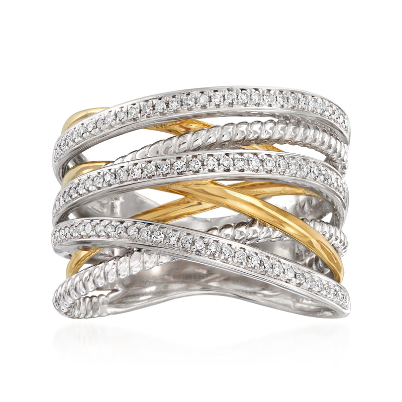 Diamond highway ring in sterling silver and 18kt gold over sterling, braided with round stones