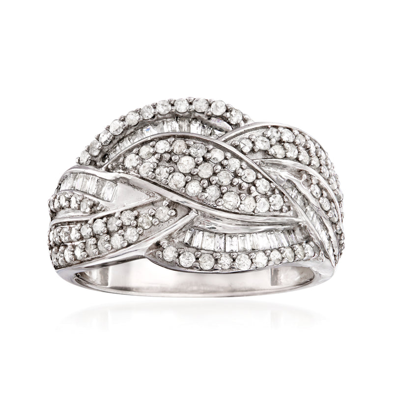 Sterling silver diamond braided ring with crossover pavé design