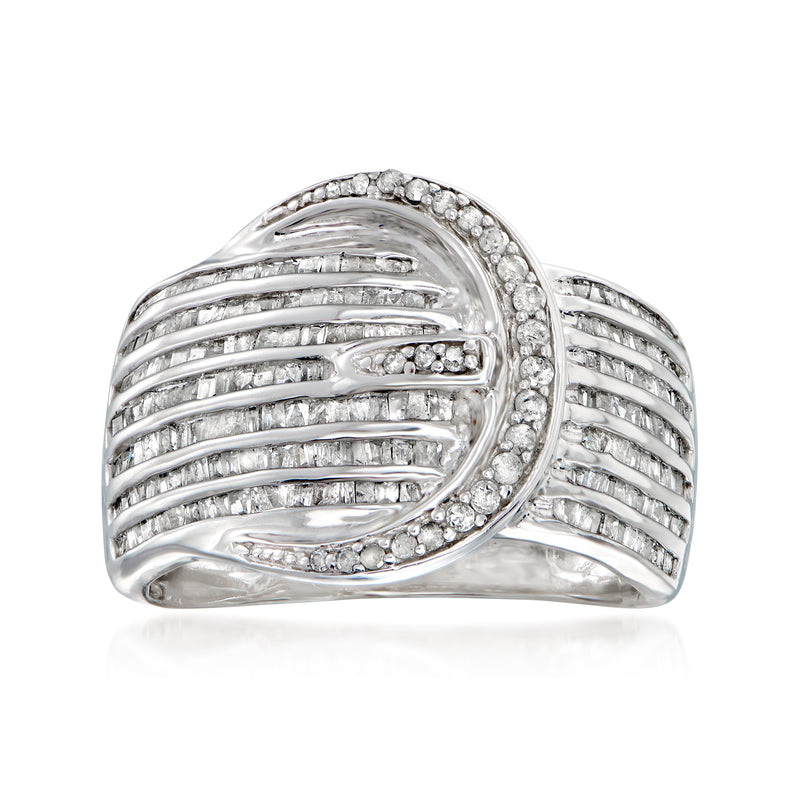 Sterling silver diamond buckle ring with pavé round diamonds