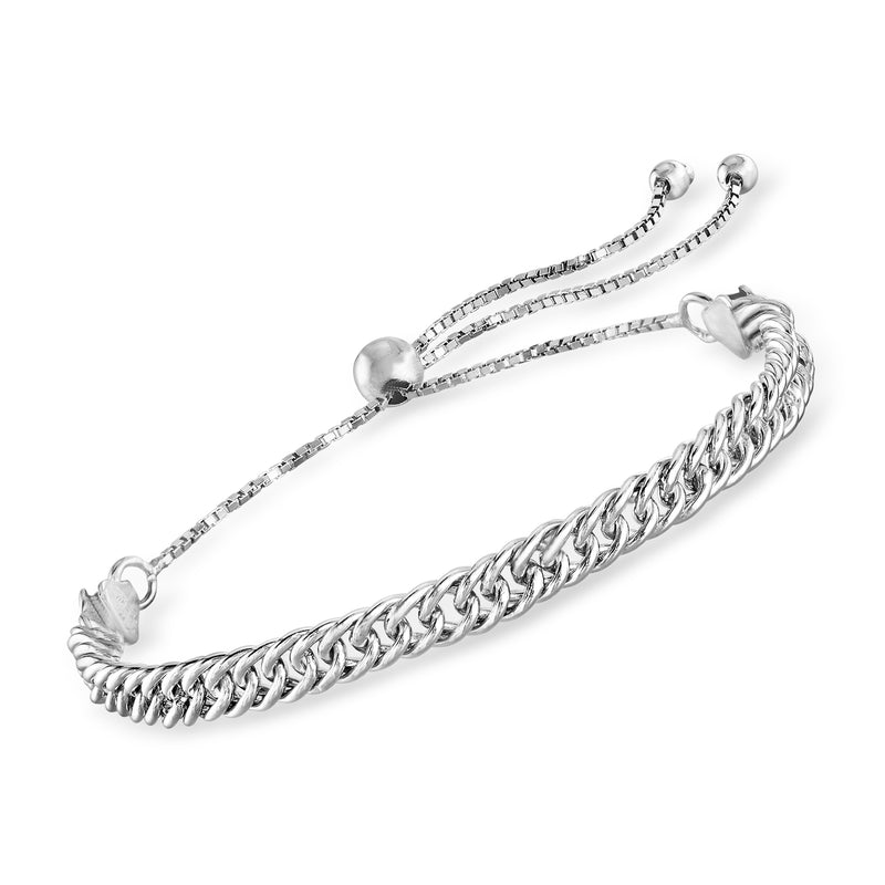 Sterling silver curb-link bolo bracelet with braided cord and end stops