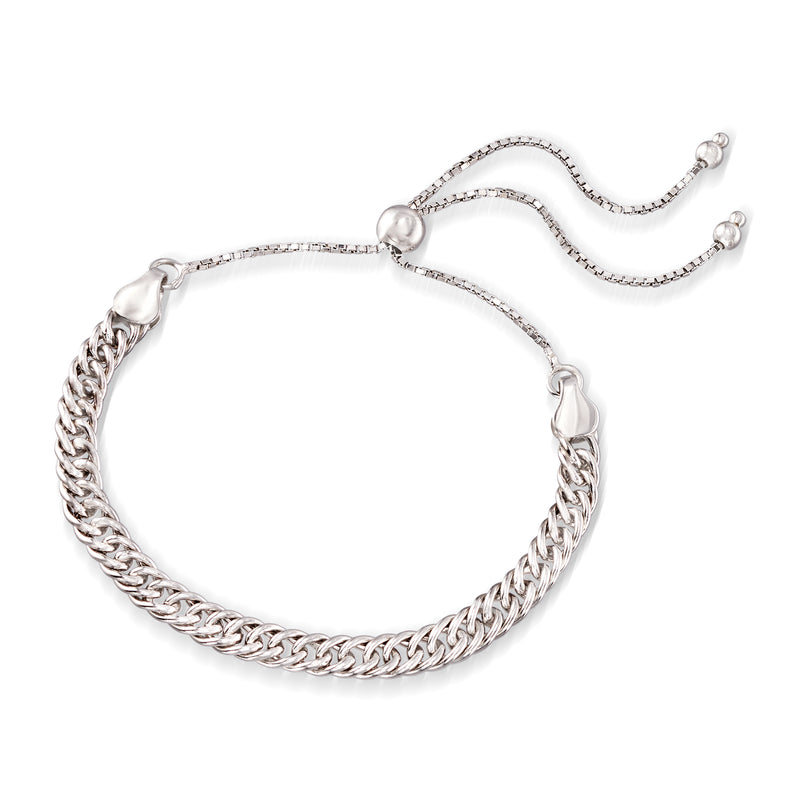 Sterling silver curb-link bolo bracelet with braided cord and lobster clasp