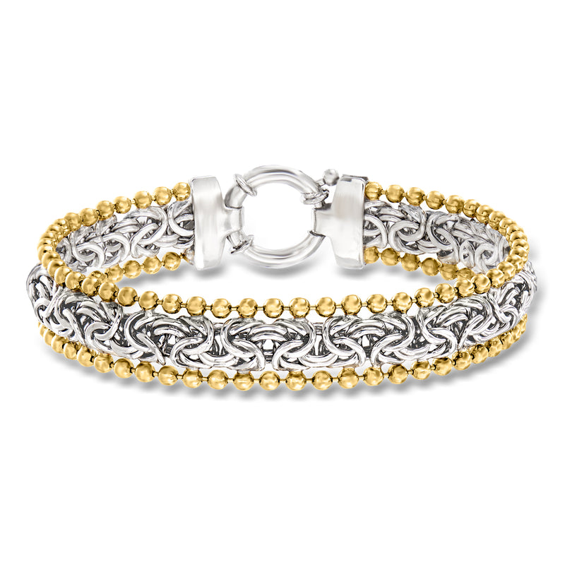 Sterling silver bracelet with Byzantine links, 18kt gold beaded edge and clasp