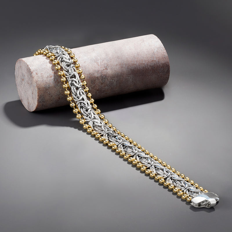 Byzantine link bracelet in silver with gold bead border and round toggle clasp