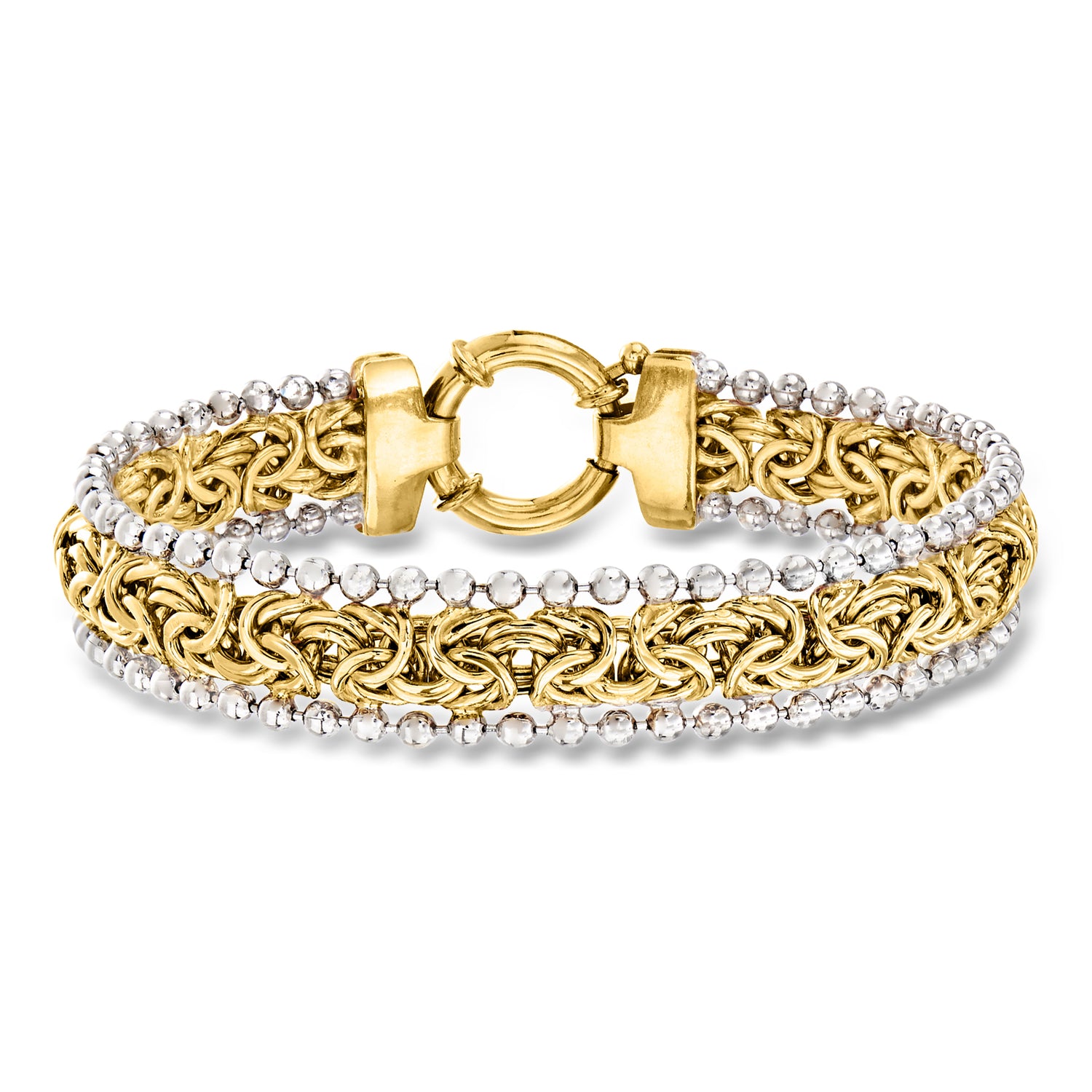 18kt Gold Over Sterling Byzantine Beaded-Edge Bracelet with Sterling Silver