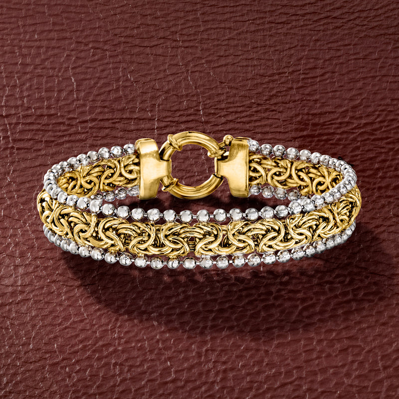 Two-tone Byzantine link bracelet with beaded silver edge and round gold toggle clasp