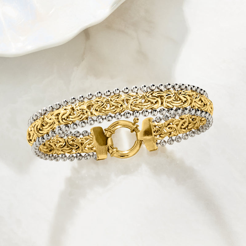 Gold and silver Byzantine beaded bracelet with round toggle clasp and end posts