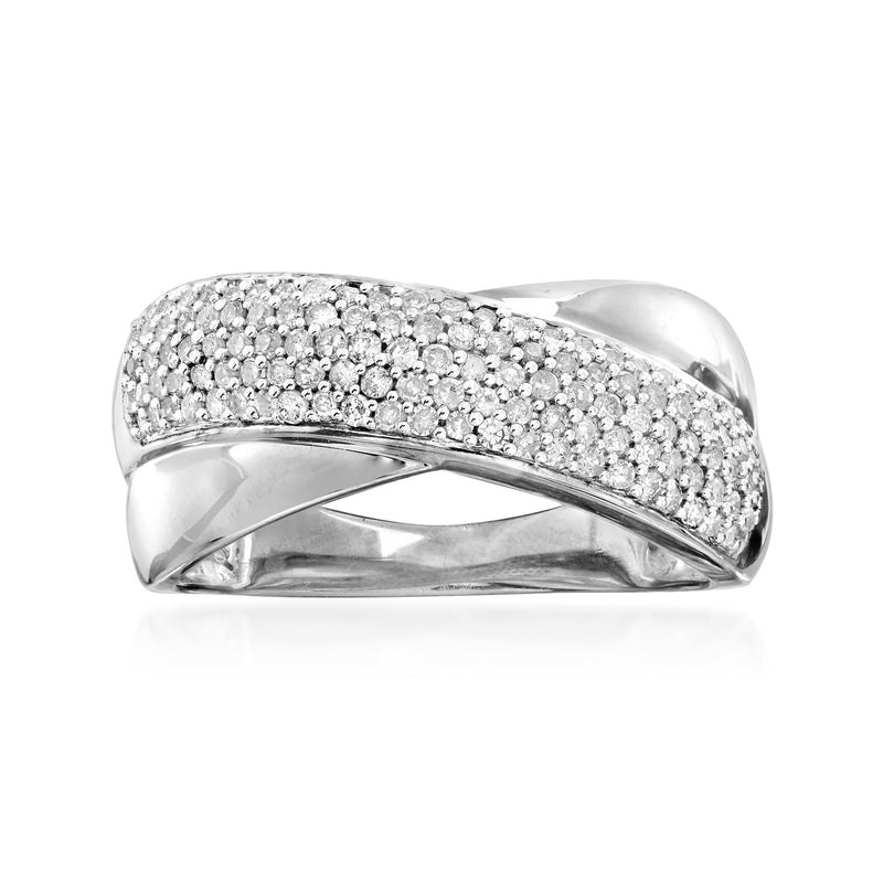 Sterling silver crisscross ring with pave-set diamonds, rounded top view