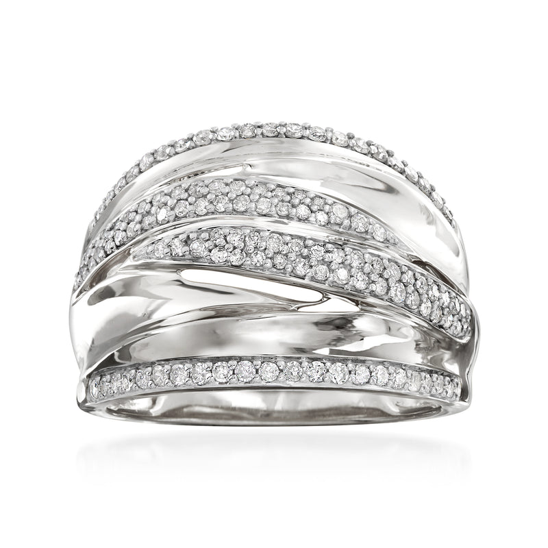 Sterling silver pave diamond highway ring with three diamond rows, polished band