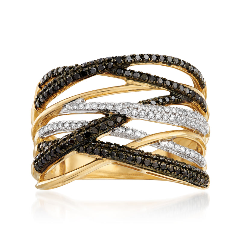 14kt yellow gold diamond highway ring with black and white stones, interlaced bands