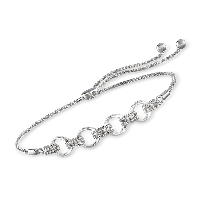 Sterling silver bolo bracelet with interlocking link design and small diamond accents