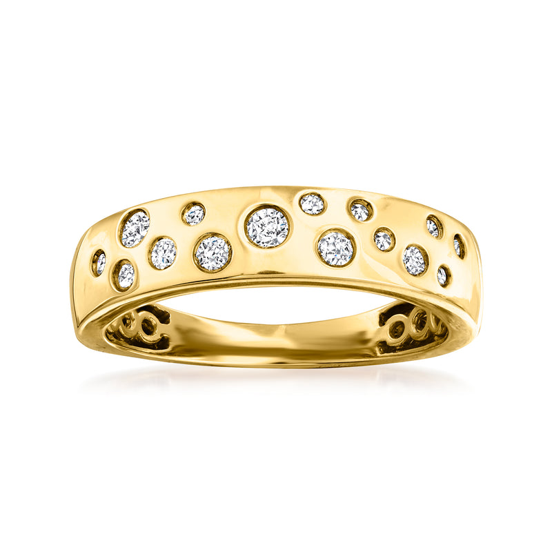 14kt yellow gold diamond ring with scattered round white stones, thin band