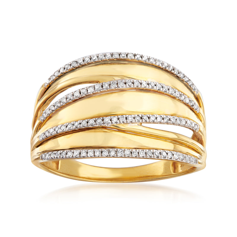 Gold diamond highway ring with five rows of round stones, polished band