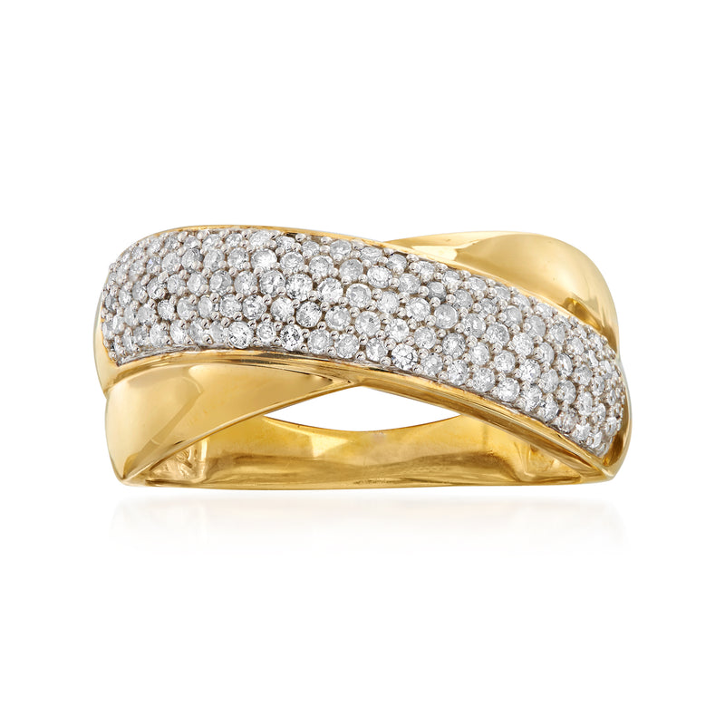 Gold over sterling crisscross pave diamond ring with round stone rows