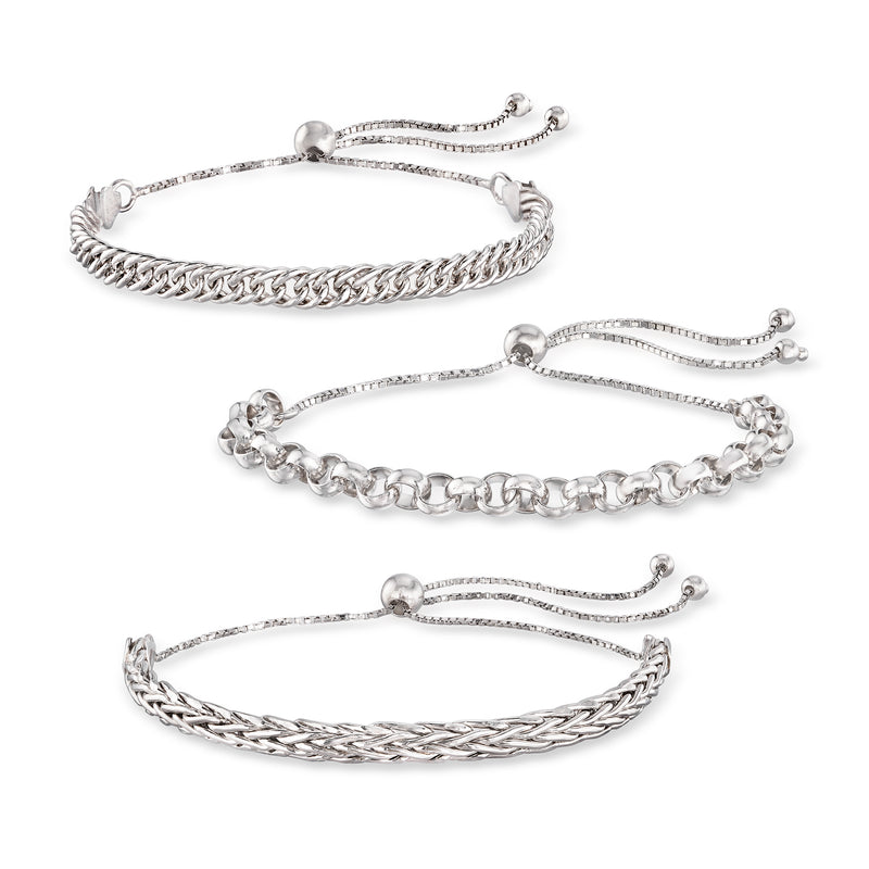 Silver multi-link bolo bracelet set with three braided chain styles