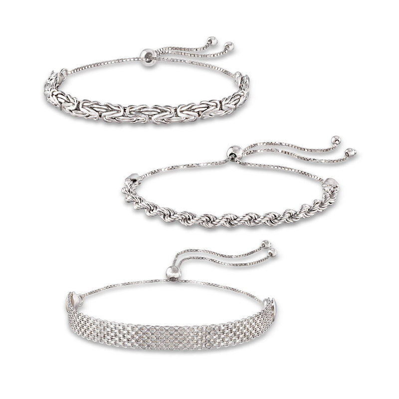 Sterling silver bolo bracelet set with multi-link chain and textured mesh cuff styles