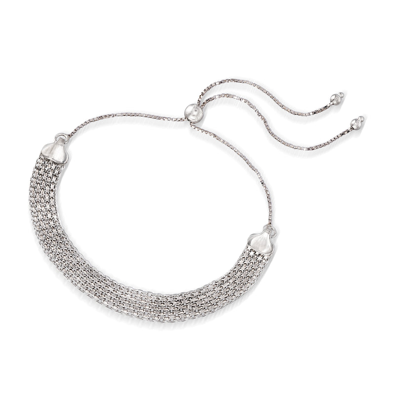 Sterling silver textured mesh bolo bracelet with oval end caps and adjustable slide